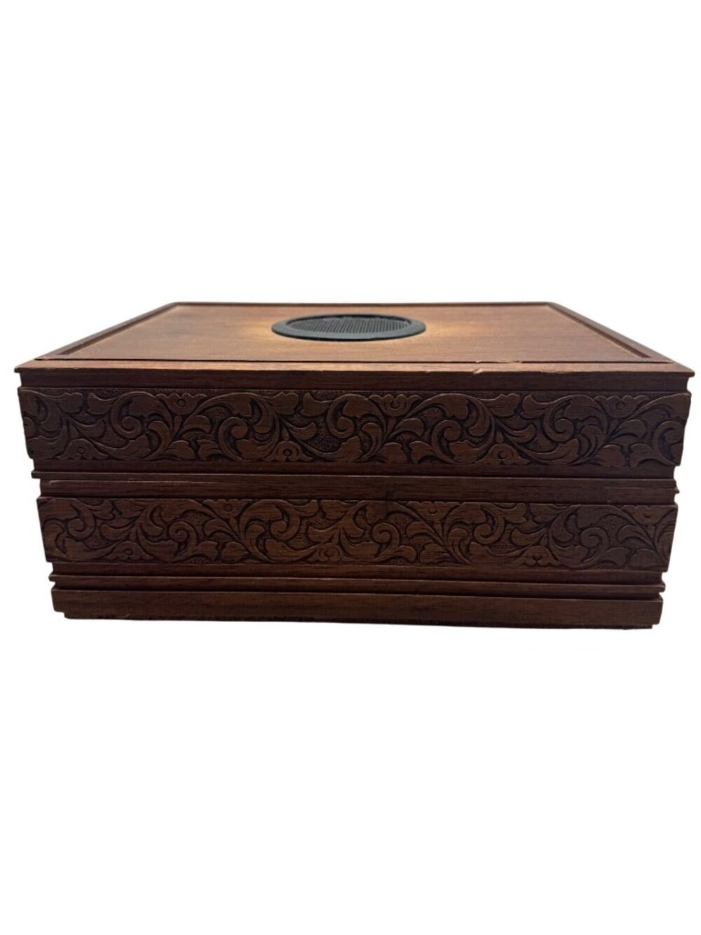 Hand-Carved Wooden Trinket Box With Intricate Floral Design & Hinged Lid READ